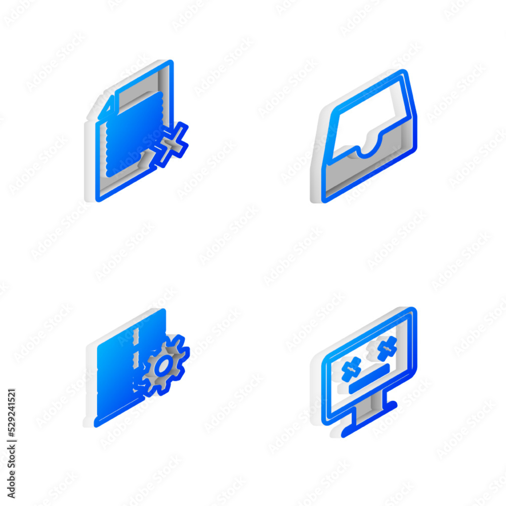 Poster set isometric line social media inbox, delete file document, server setting and dead monitor icon. v