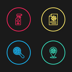 Set line Virus under magnifying glass, Corona virus 2019-nCoV on location, Clipboard with blood test results and Liquid antibacterial soap icon. Vector