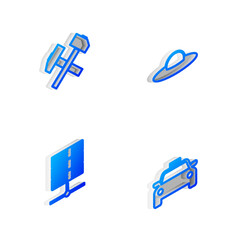 Set Isometric line UFO flying spaceship, Two crossed hammers, Server, Data, Web Hosting and Taxi car icon. Vector