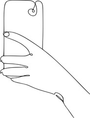 Continuous line art of hand holding phone.  Outline illustration, simple and minimalistic. Back view of the phone with camera. 