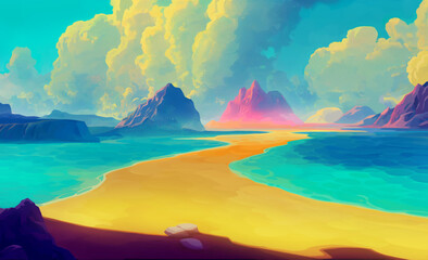 Beach and Coast Fantasy Game Background, Bright and Realistic Illustration Backdrop