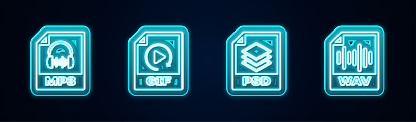 Set line MP3 file document, GIF, PSD and WAV. Glowing neon icon. Vector