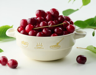 Ripe red cherries in a plate on a white table, close up