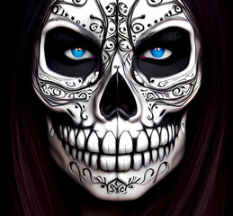 Woman close-up with sugar skull face decorated for halloween.