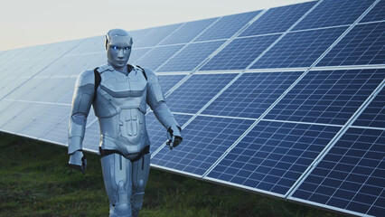 Artificial intelligence. Nano cybernetic robot man walking along modern solar batteries outside. Cyborg working online on electricity station. Futuristic engineer checking the process. 