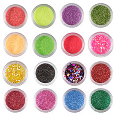 Obraz na płótnie Canvas multi-colored sequins in jars isolated on a white background. glitter for makeup and manicure