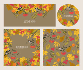 Autumn mood frame, seamless pattern, circular frame, border on a dark background. Falling leaves, sparrows, mountain ash. Flat style