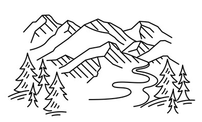Mountain forest and river landscape. Line sketch. Vector illustration. Editable outline stroke thickness.