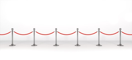 Retractable belt rack. Portable tape barrier. Red carpet with red ropes on silver stanchions. Exclusive event, movie premiere, gala, ceremony, awards concept. 3d rendering