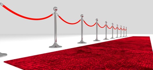 Retractable belt rack. Portable tape barrier. Red carpet with red ropes on silver stanchions. Exclusive event, movie premiere, gala, ceremony, awards concept. 3d rendering