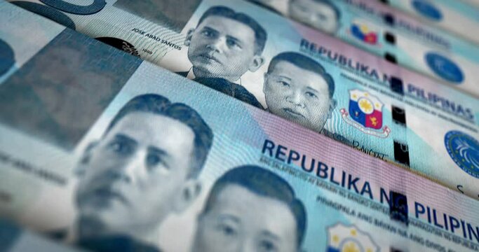 Philippines money Philippine Peso banknote loop. PHP money texture. Concept of economy, business, crisis, banking, recession, debt and finance. Moving over note. Loopable seamless 3d animation.