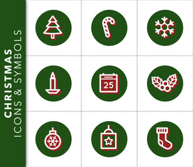 Set of icons and symbols related to Christmas with shadow on green background. Vector isolated graphic.