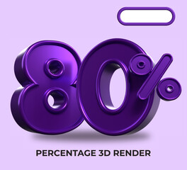 3D Render percentage number 80% for discount process progress purple color