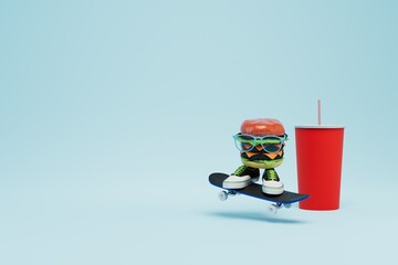 fast food delivery on a skateboard. skate with sports shoes on which is a cheeseburger and cola. 3d render