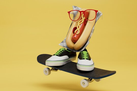delivery of hot dogs on a skateboard. a skateboard with sports shoes on which a hot dog. 3d render