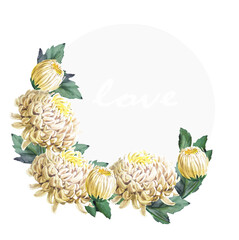 Wreath of white chrysanthemums with buds and leaves in  colored circle.Watercolor illustration.