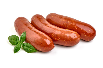 Smoked sausages, isolated on white background.