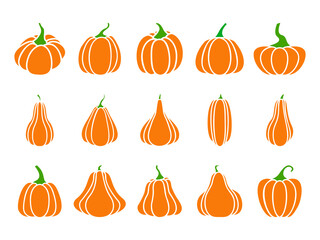 Orange Pumpkin. Set of silhouettes of different pumpkins. Black silhouettes of pumpkins. Isolated on white.