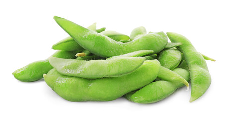 Fresh green edamame pods on white background
