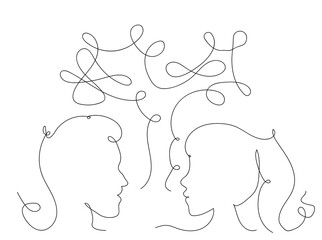 Illustration of people talking on white background. Dialogue between man and woman