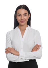 Portrait of hostess in uniform on white background
