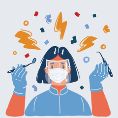 Male dentist with plastic jaw model on light background