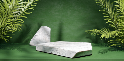 White Marble Stone Podium For Product Presentation Concept. Green Wall Background Tropical Leaves. 3D Illustration