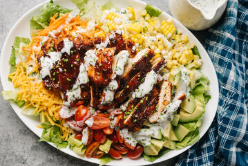 Grilled BBQ Chicken Salad Platter From Overhead
