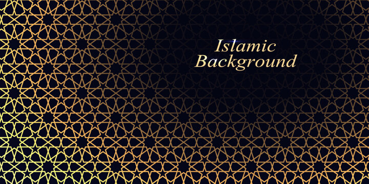 Abstract arabesque background, Islamic geometric pattern, gold on black design for banner or poster. Traditional Moroccan ornament. Vector illustration