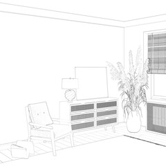 A sketch of the cozy room with a lamp, a horizontal poster on a chest of drawers with rattan drawers, a newspaper stand next to a chair with ears of corn next to a window with bamboo blinds. 3d render