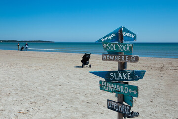 
wooden signs on swedish language  on a sandy beach  Faroy island,  Fore island - 529249548