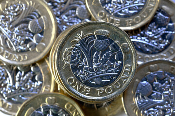 British one pound coin surrounded by other coins. No people.