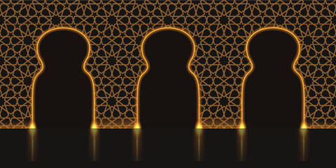 Arabic palace with gates gold neon glowing light. Islamic Moroccan design wall pattern, podium stage platform. Virtual reality background. Vector illustration - obrazy, fototapety, plakaty
