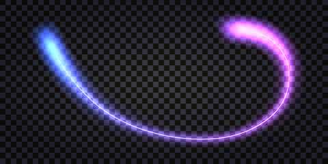 Neon laser wave swirl, glowing light effect, blue and purple trail. Shiny electric thunder bolt, flash shock.  Cyber futuristic synthwave, abstract transparent twirl isolated. Vector illustration