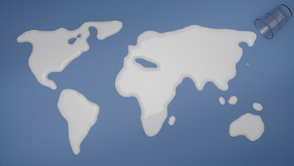 Fototapeta na wymiar World or Global Map created by spilled Milk from Glass. Blue Surface. 3D render.