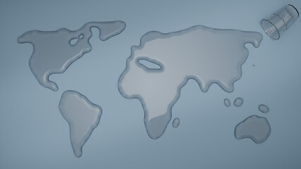 World or Global Map created by spilled Water from glass. Blue Surface. 3D render.