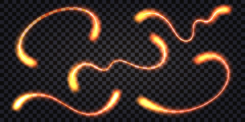 Glowing fiery wave swirl set, red hot light trail, neon glow effect. Lightning thunder bolt, dynamic impulse, electric shock, flash explosion. Isolated transparent vector illustration