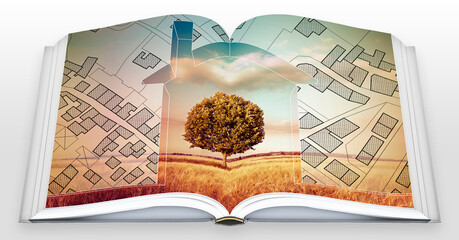 Imaginary cadastral map of territory with buildings and land parcel with an home silhouette and green tree in a field - planning a new home concept with real opened book