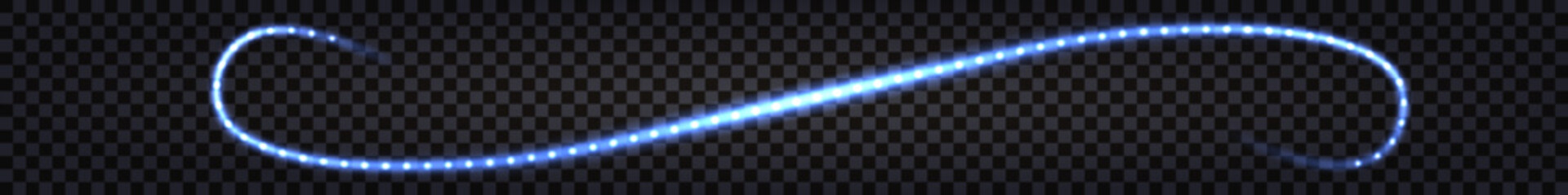 Blue glowing swirl wave swoosh. Neon light effect, sparkles and  shiny trail. Electric impulse, dynamic twirl. Cyber futuristic design element isolated, vector illustration