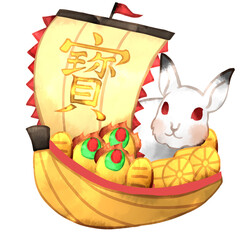 ウサギが乗った宝船の手描き水彩風イラスト