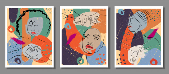 An abstraction set with a face and hands. Vector illustration of the face of an African woman with a turban. In a minimalistic abstract style. Fashionable illustration and abstract poster.