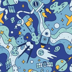 Seamless space pattern in limited colors with rockets, satellites, comets and stars in doodle style