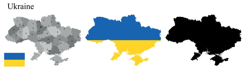 Set of maps of Ukraine with regions. Flag on the map. Silhouette of the card.