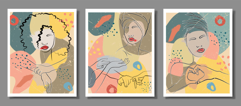 An abstraction set with a face and hands. Vector illustration of the face of an African woman with a turban. In a minimalistic abstract style. Fashionable illustration and abstract poster.