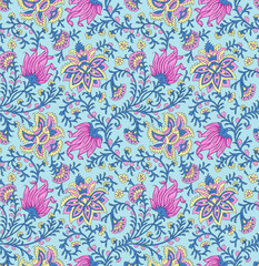 Colorful Vintage Floral Kalamkari Seamless Fabric Design