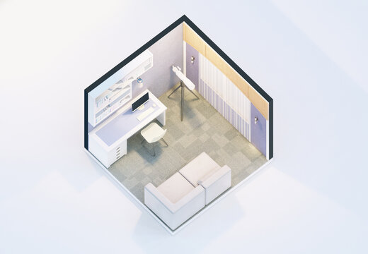 Isometric view of low poly study room 3d rendering