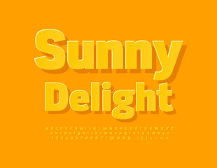 Vector bright sign Sunny Delight. Yellow sticker Font. Set of creative Alphabet Letters, Numbers and Symbols