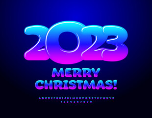 Vector creative greeting card Merry Christmas 2023! Decorative childish Font. Comic Alphabet Letters and Numbers set