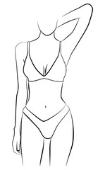 Feminine body shapes. A girl in a swimsuit of one line. Female silhouette in a modern one-line style. A design element for advertising cosmetics, posters.