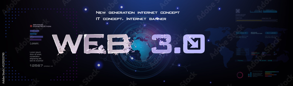 Poster web 3.0 global world network of the future. conceptual cyber banner with globe and information excha